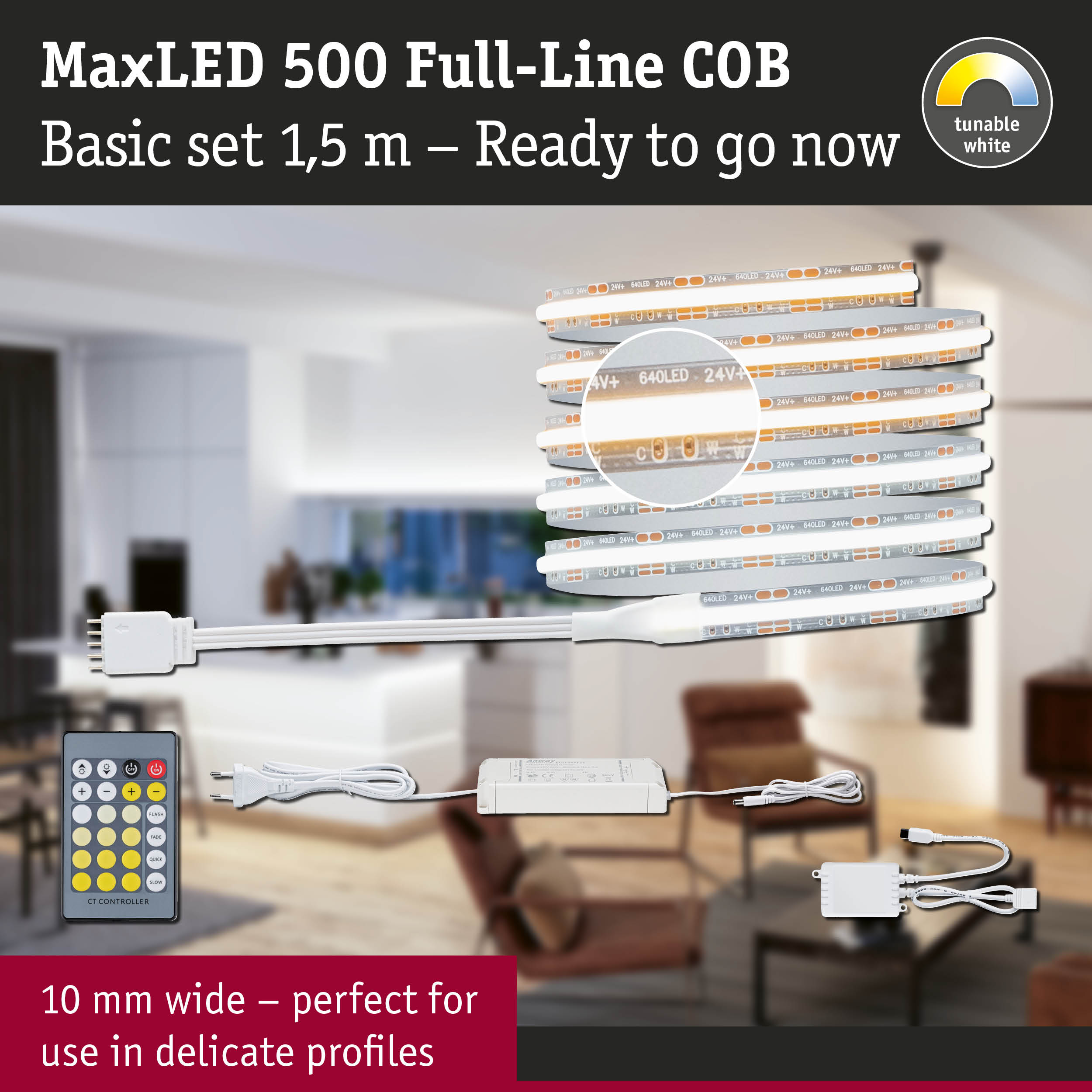 Zestaw podstawowy taśmy LED MaxLED 500 Full-Line COB, 1,5 m, z pilotem, zasilaczem i sterownikiem.