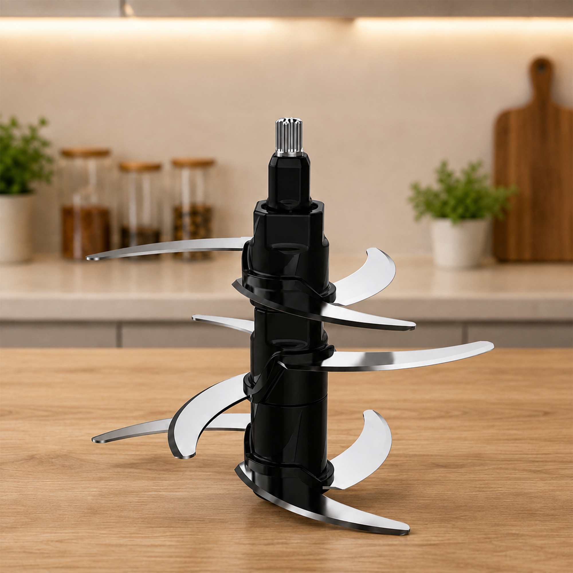 Een RVS blenderbalk met meerdere niveaus en een zwarte kunststof kern staat op een houten aanrecht in een keuken.