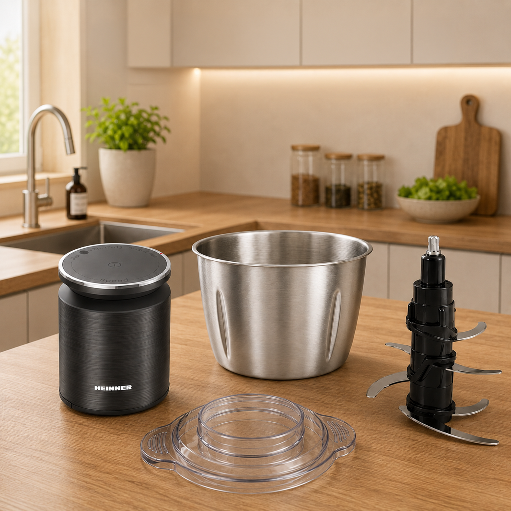 Un robot culinaire Heinner, bol en inox, lames et couvercle sur un plan de travail en bois.