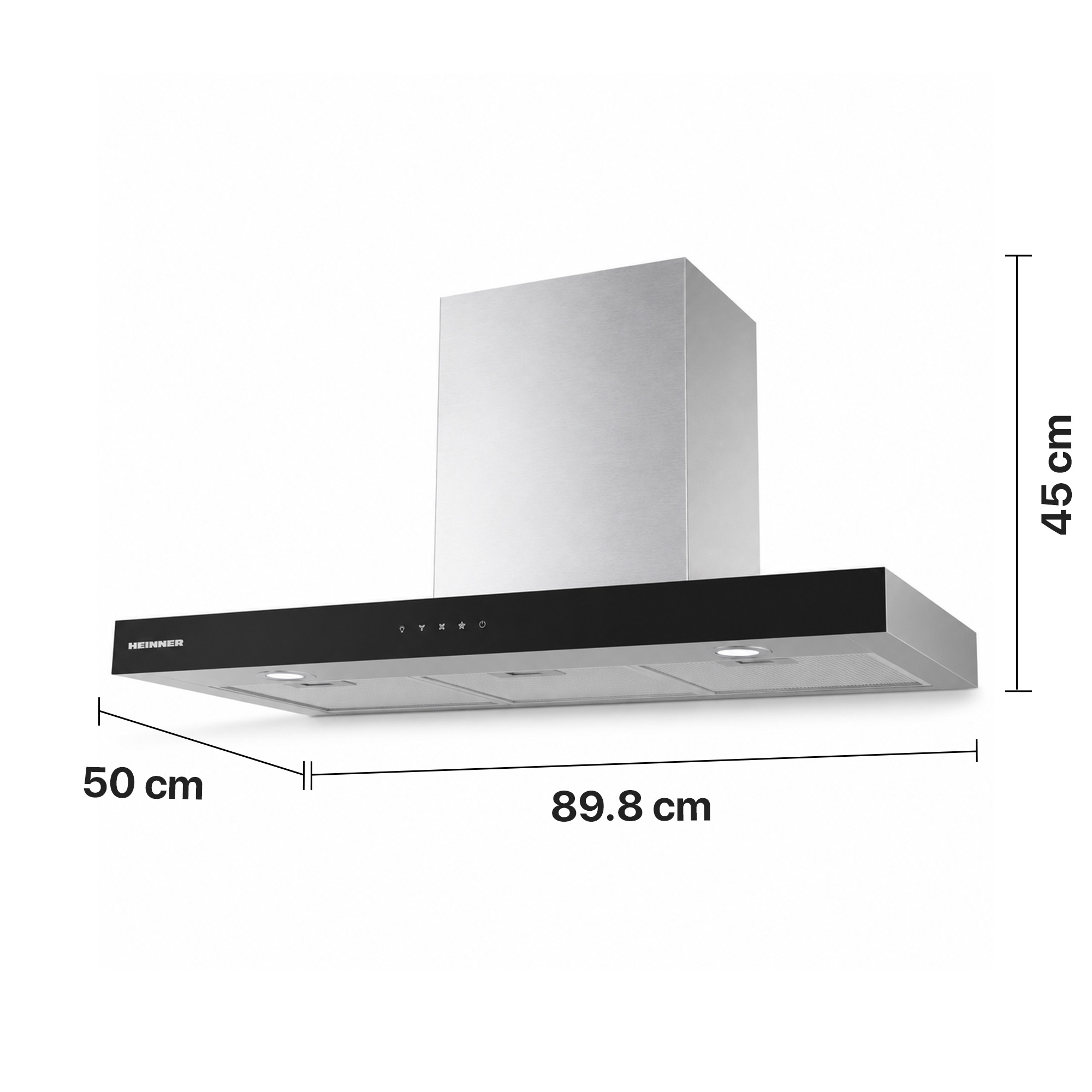 Edelstahl-Dunstabzugshaube mit schwarzem Panel, LEDs und Maßangaben von 89,8, 50 und 45 cm.