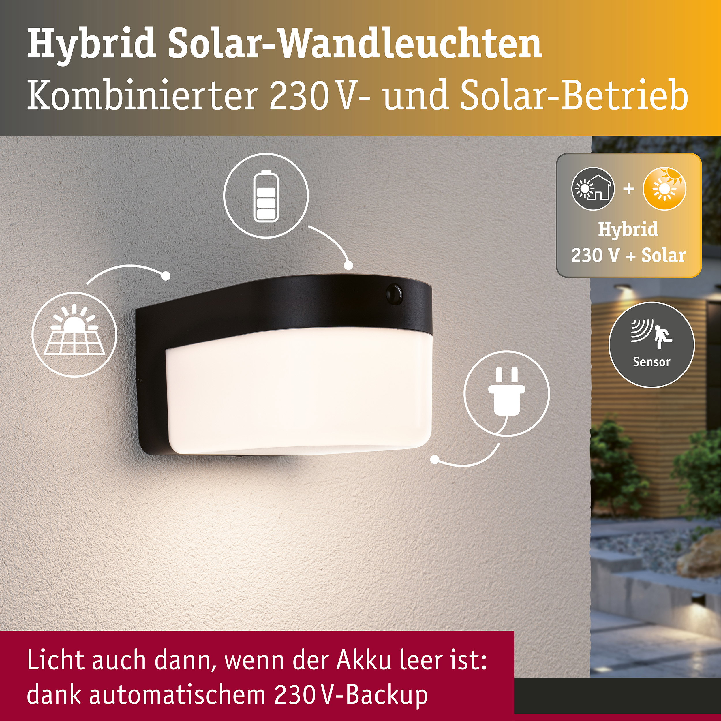 Moderne schwarze LED-Wandleuchte mit Solar- und Strom-Hybridbetrieb an einer grauen Außenwand.