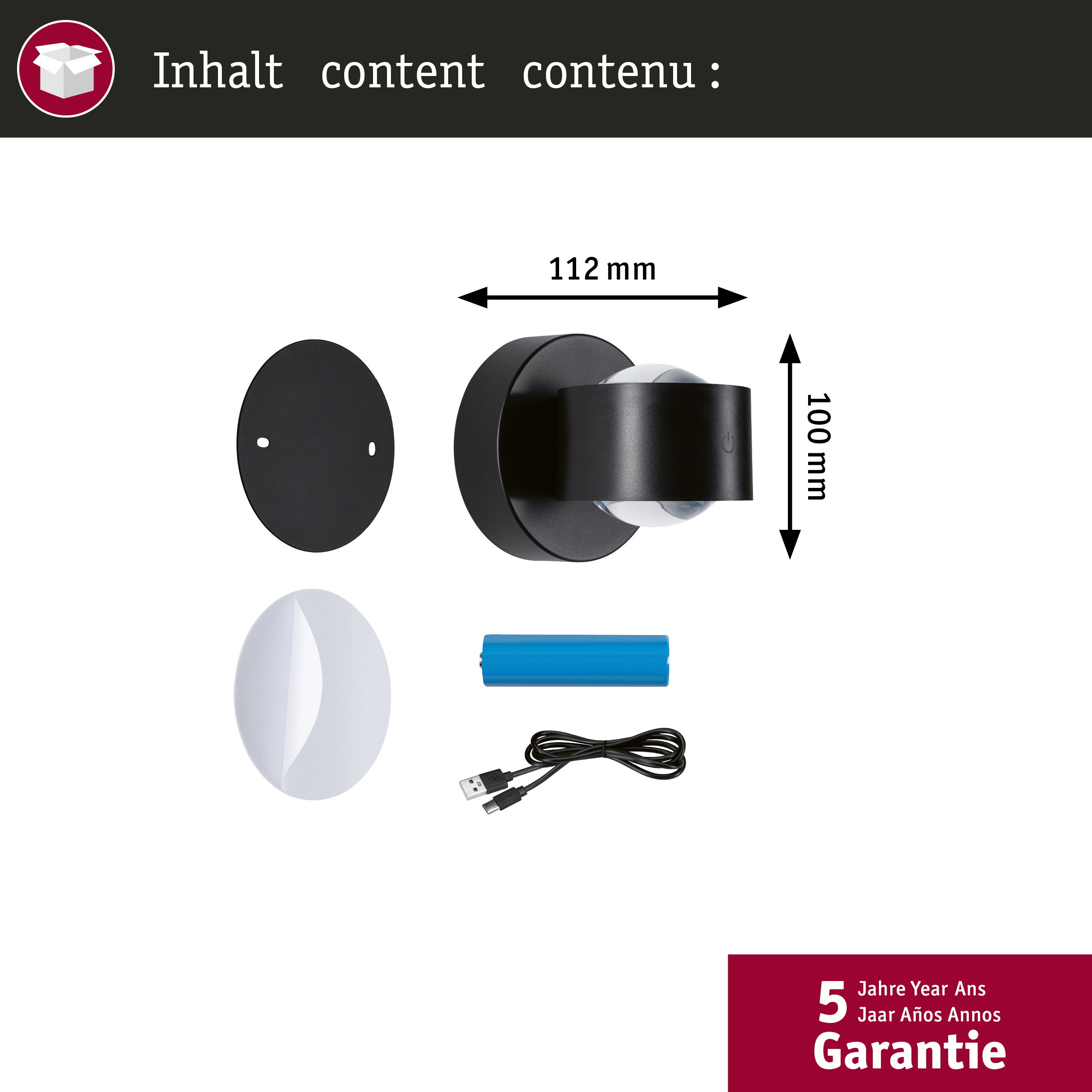 Schwarze Wandleuchte, Montageplatte, Batterie und USB-Kabel mit 112x100 mm.