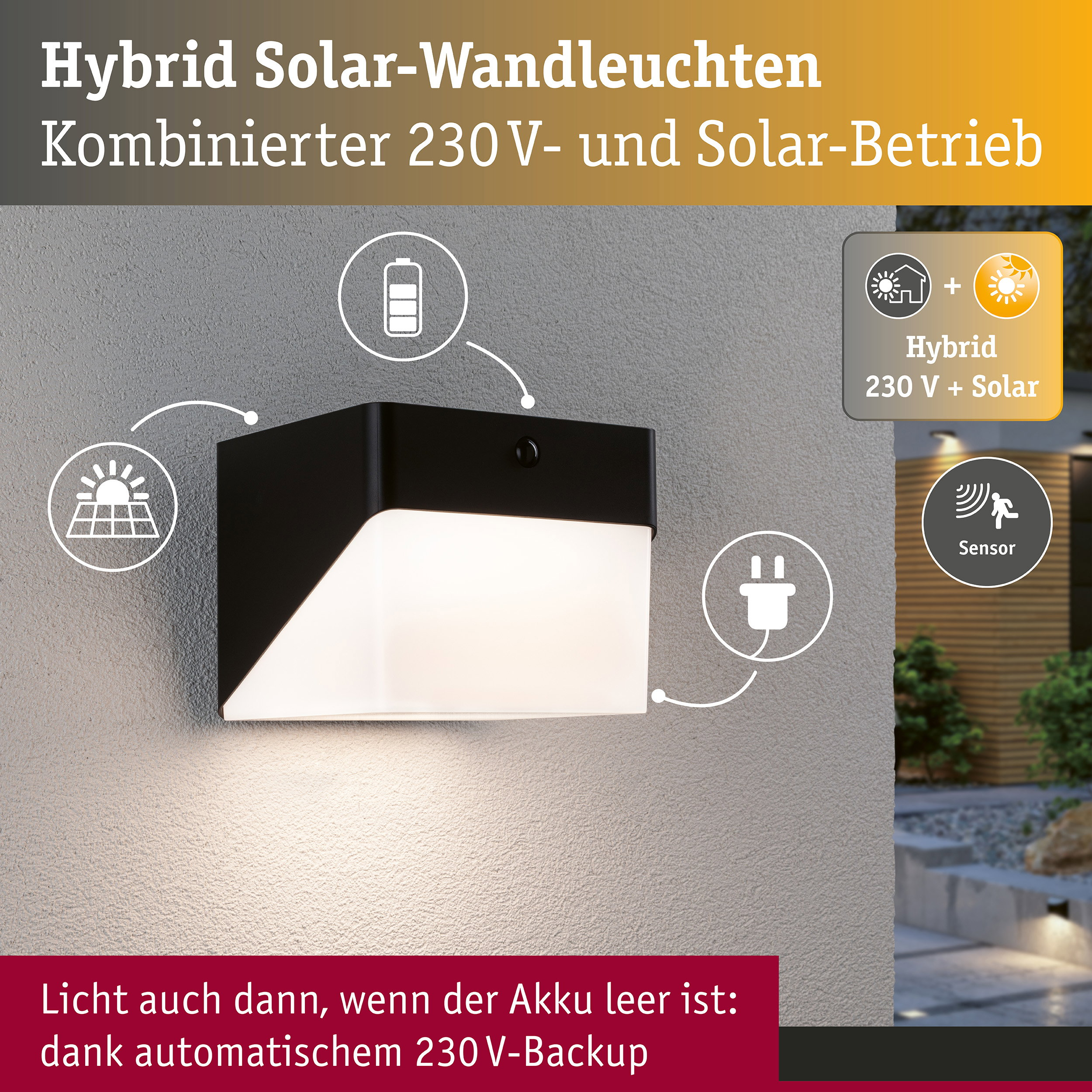 Schwarze Hybrid-Wandleuchte mit Solar- und Stromanschluss auf grauer Wand.