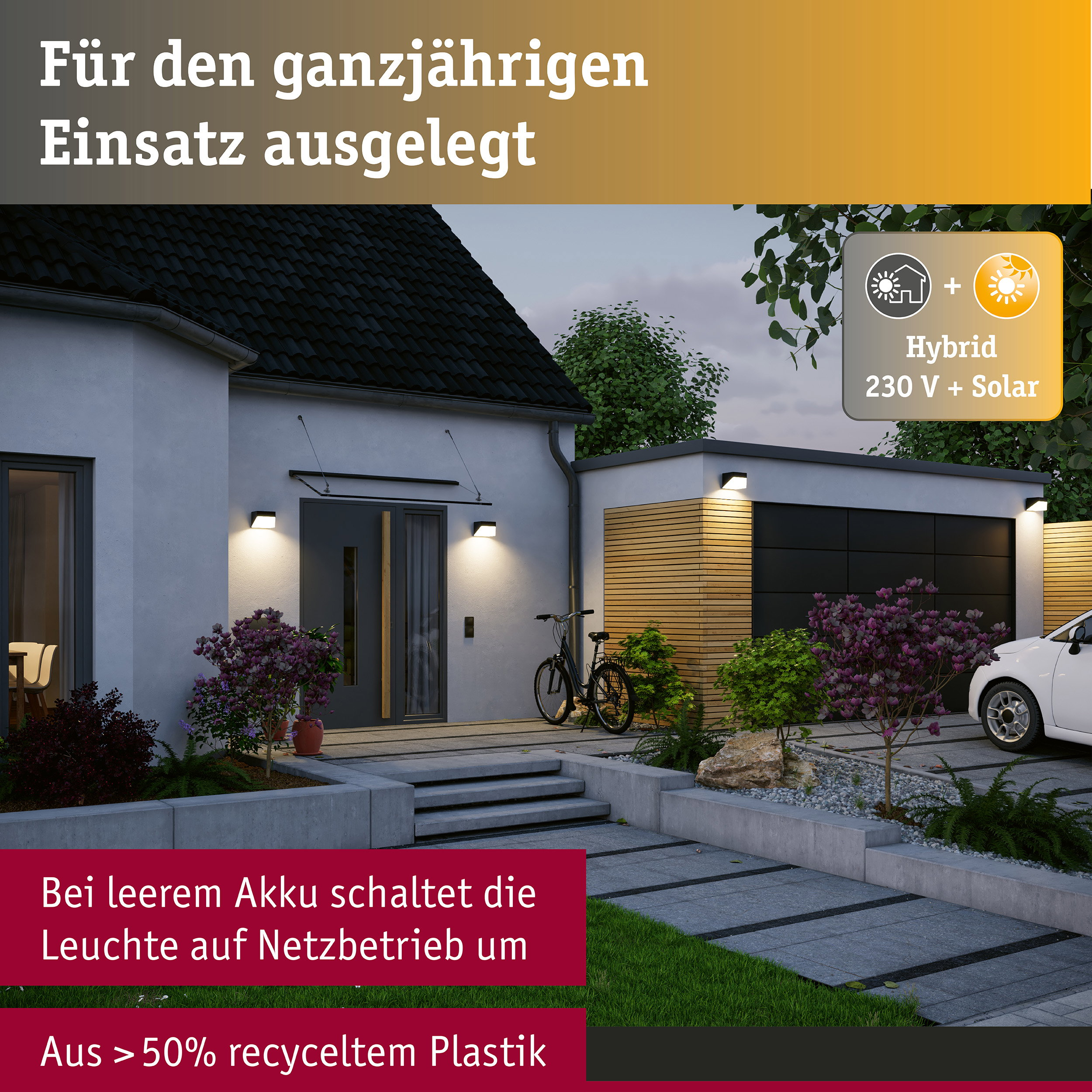 Ein modernes Haus mit beleuchtetem Eingang, Fahrrad, Auto und Textoverlays zu Hybrid-Beleuchtung.