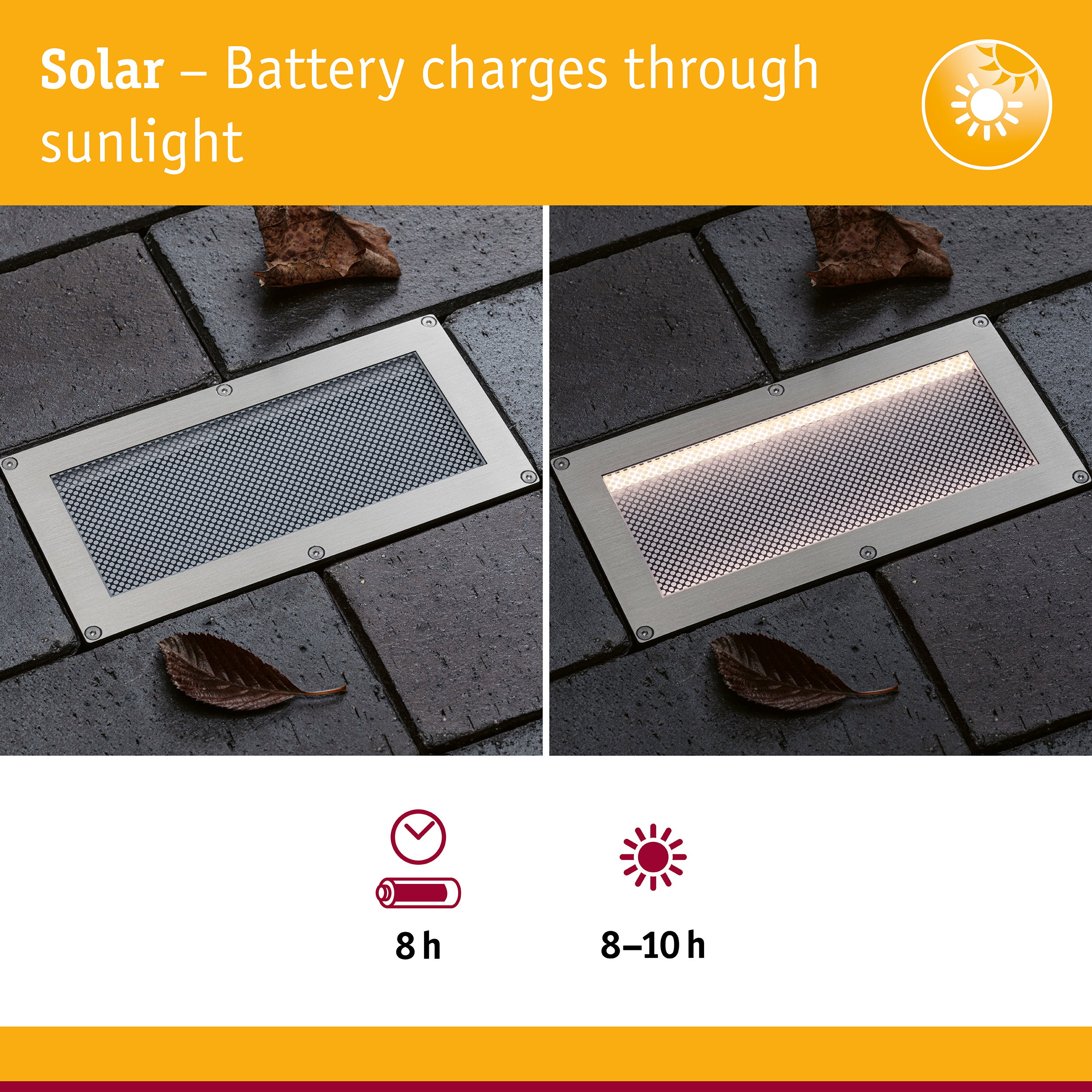 Solar-Bodenleuchte in dunklem Pflaster, zeigt Aus- und Ein-Zustand, 8 Std. Ladezeit und 8-10 Std. Leuchtdauer.