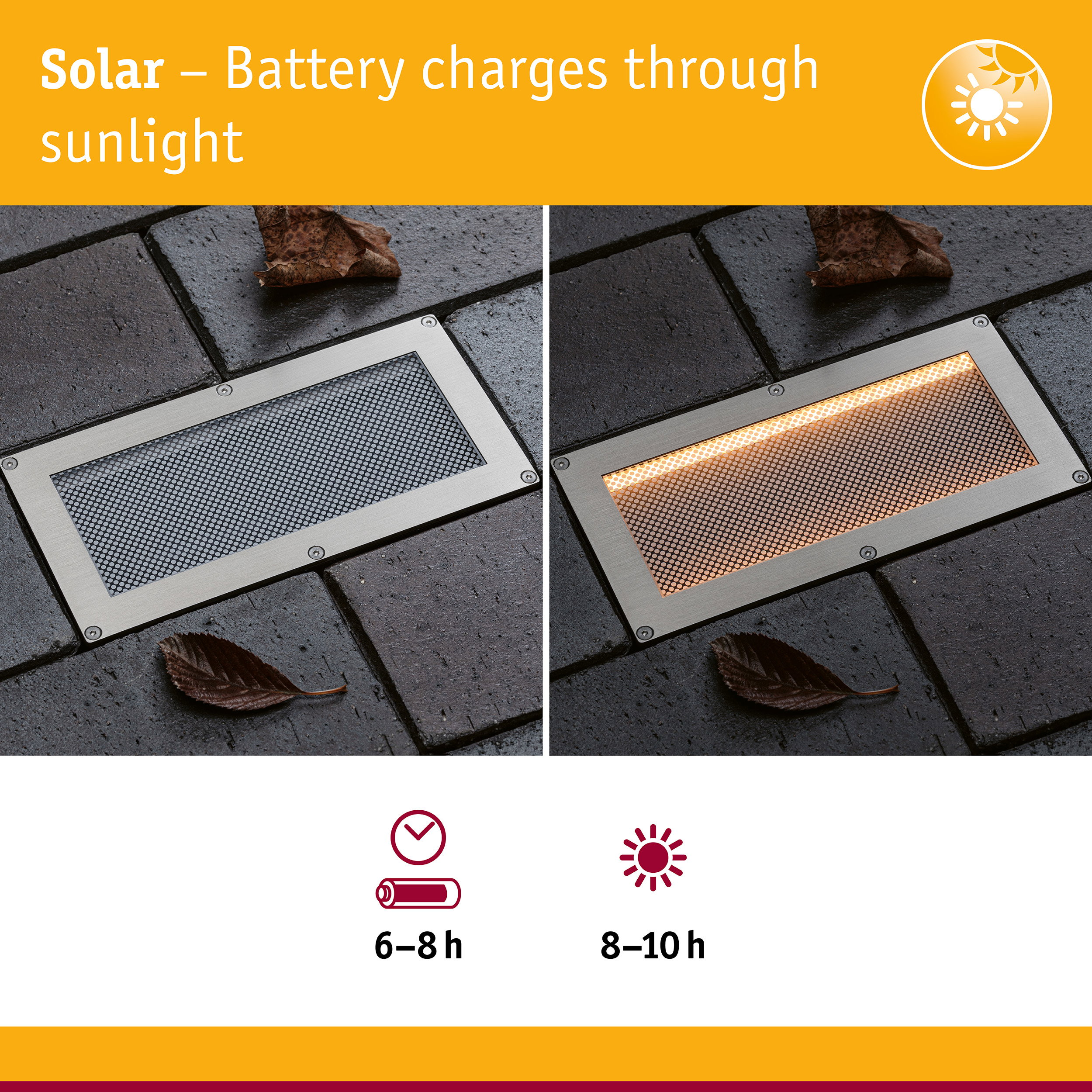 Solarleuchte lädt in 6-8 Stunden und leuchtet 8-10 Stunden, gezeigt an- und ausgeschaltet im Pflaster.