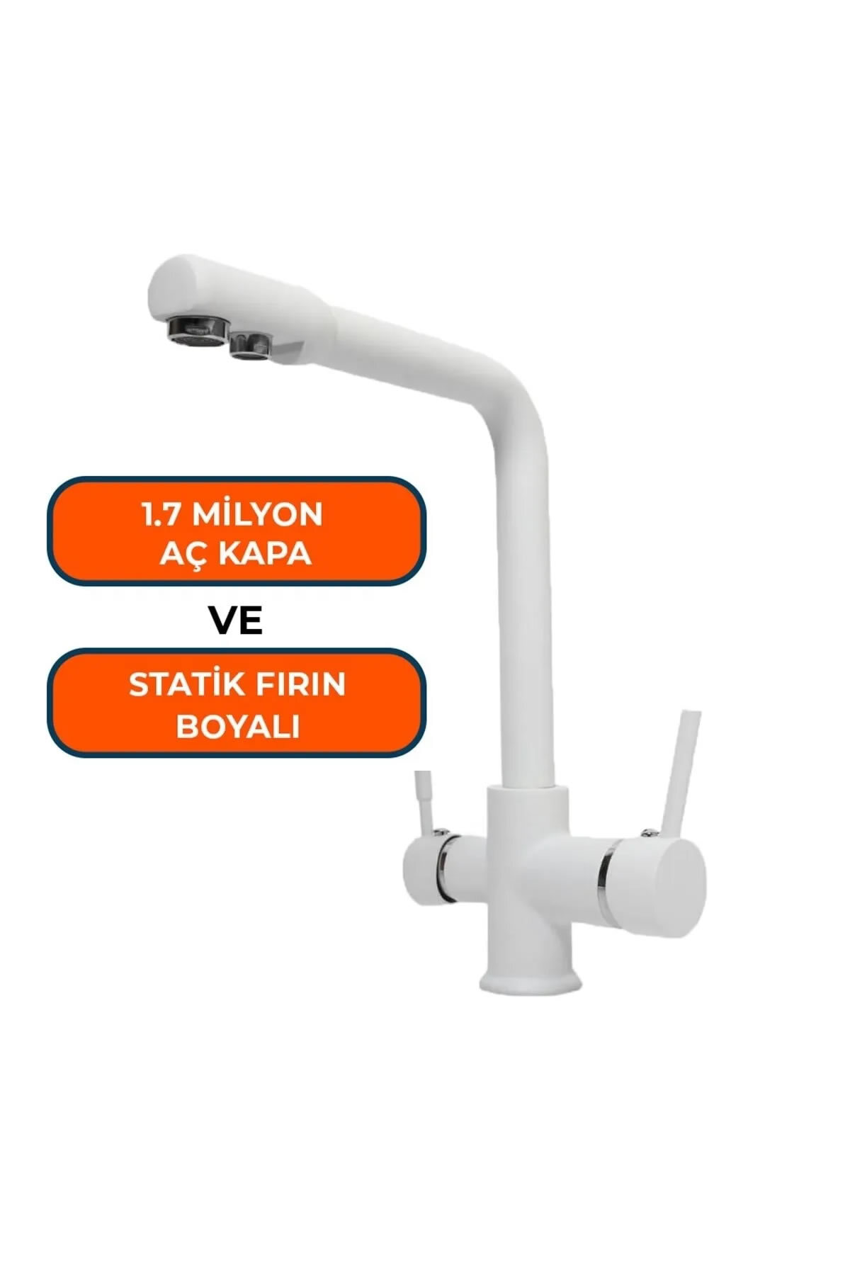 Beyaz arka planda iki kollu ve metin kutulu beyaz mutfak musluğu.