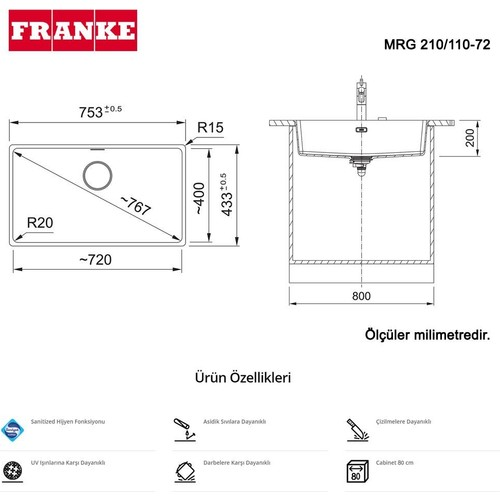 Ölçüleri ve ürün özelliği simgeleriyle Franke MRG 210/110-72 eviyenin teknik çizimi.