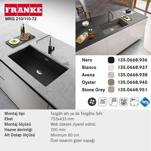 Franke eviye MRG 210/110-72 renk seçenekleri ve teknik özellikleri.