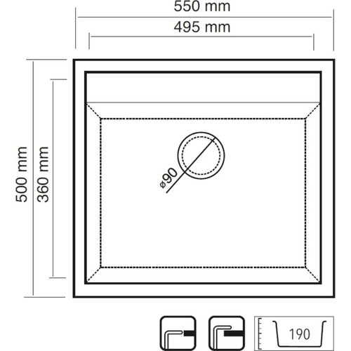 550x500 mm ölçülerinde ve 90 mm süzgeçli dikdörtgen evyenin teknik resmi.