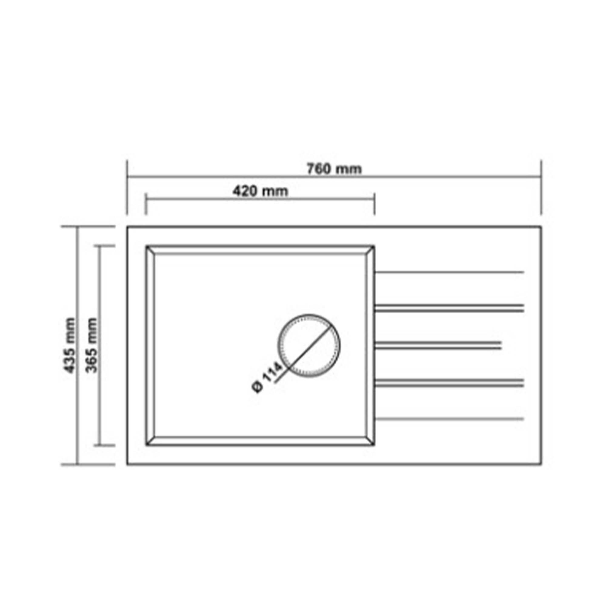 760x435 mm ölçülerinde, bir hazneli ve süzgeçli dikdörtgen evyenin teknik çizimi.