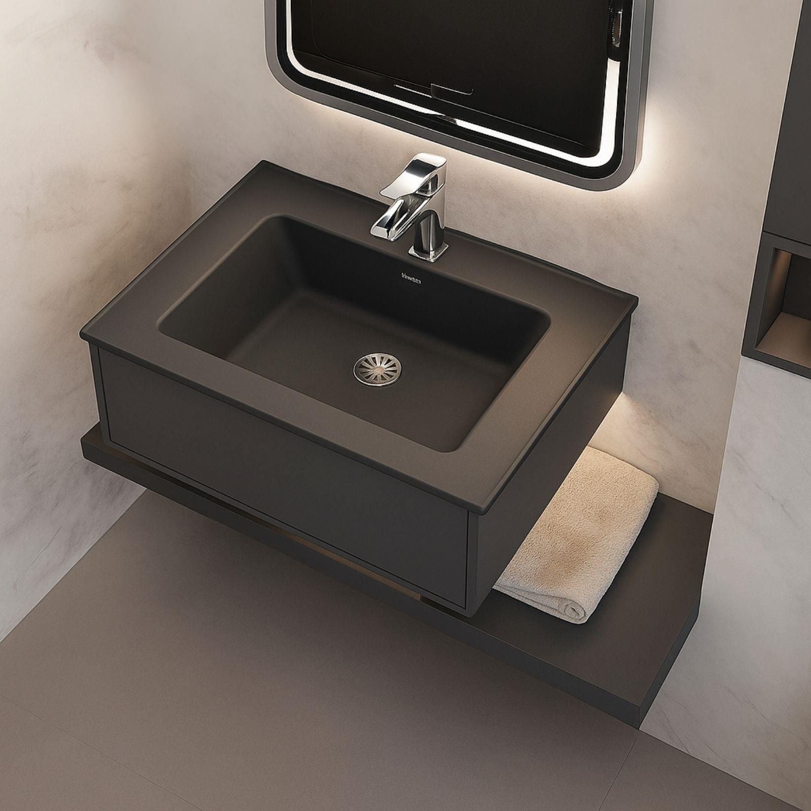 Krom musluklu, katlanmış havlulu ve aydınlatmalı aynalı siyah duvara monte lavabo.