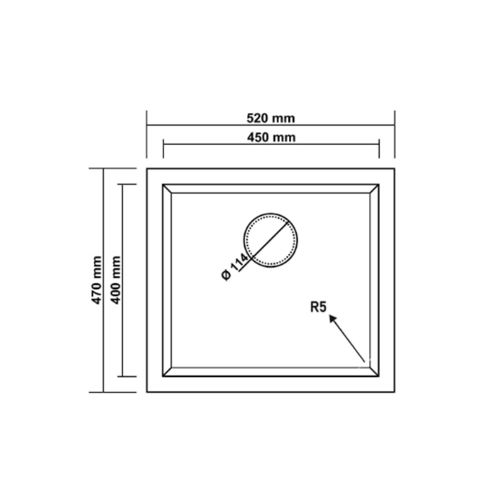 Ölçüleri verilen mutfak evyesi teknik resmi: 520x470 mm, hazne 450x400 mm, süzgeç 114 mm.