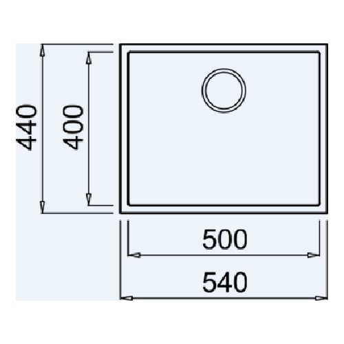 540x440 mm ölçülerinde ve yuvarlak giderli dikdörtgen evyenin teknik çizimi.