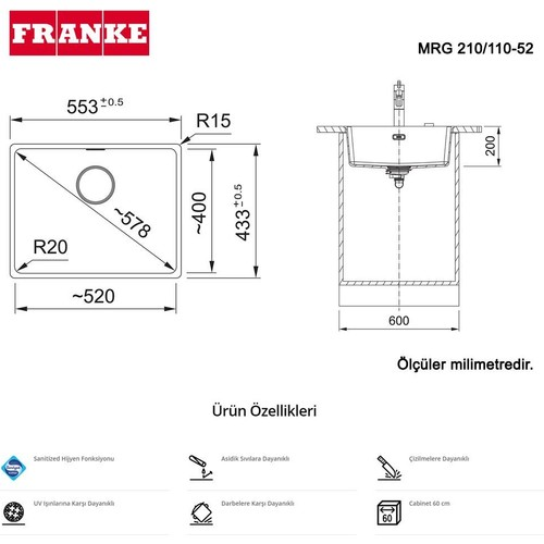 Ölçüleri ve ürün özellikleri ile Franke MRG 210/110-52 eviyesinin teknik çizimi.