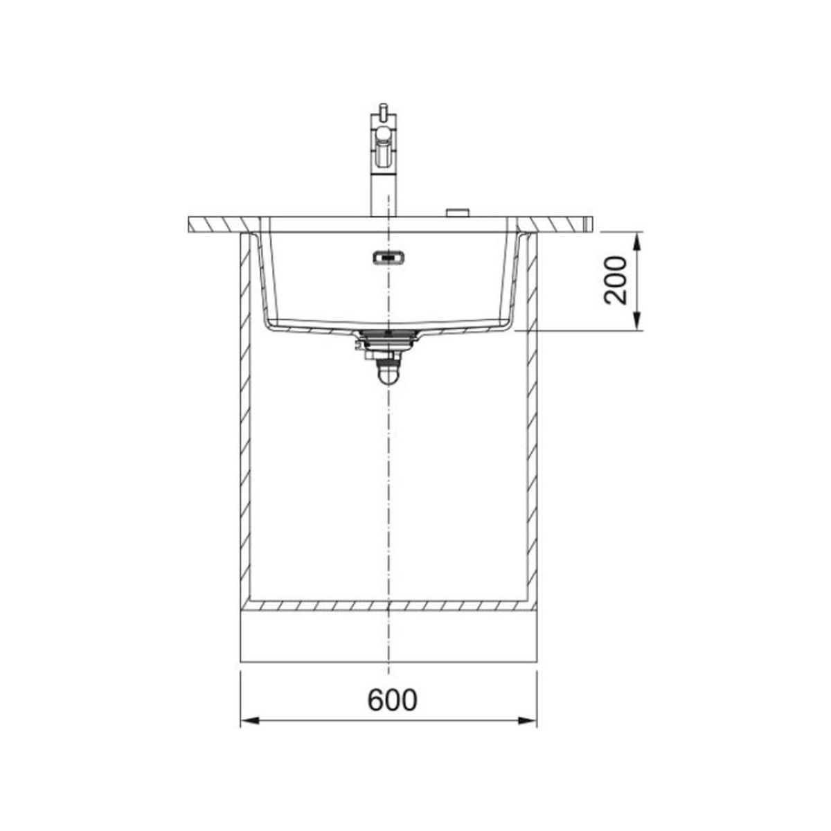 200 mm derinlik, 600 mm genişlik ve musluk ölçülerini gösteren evye teknik çizimi.