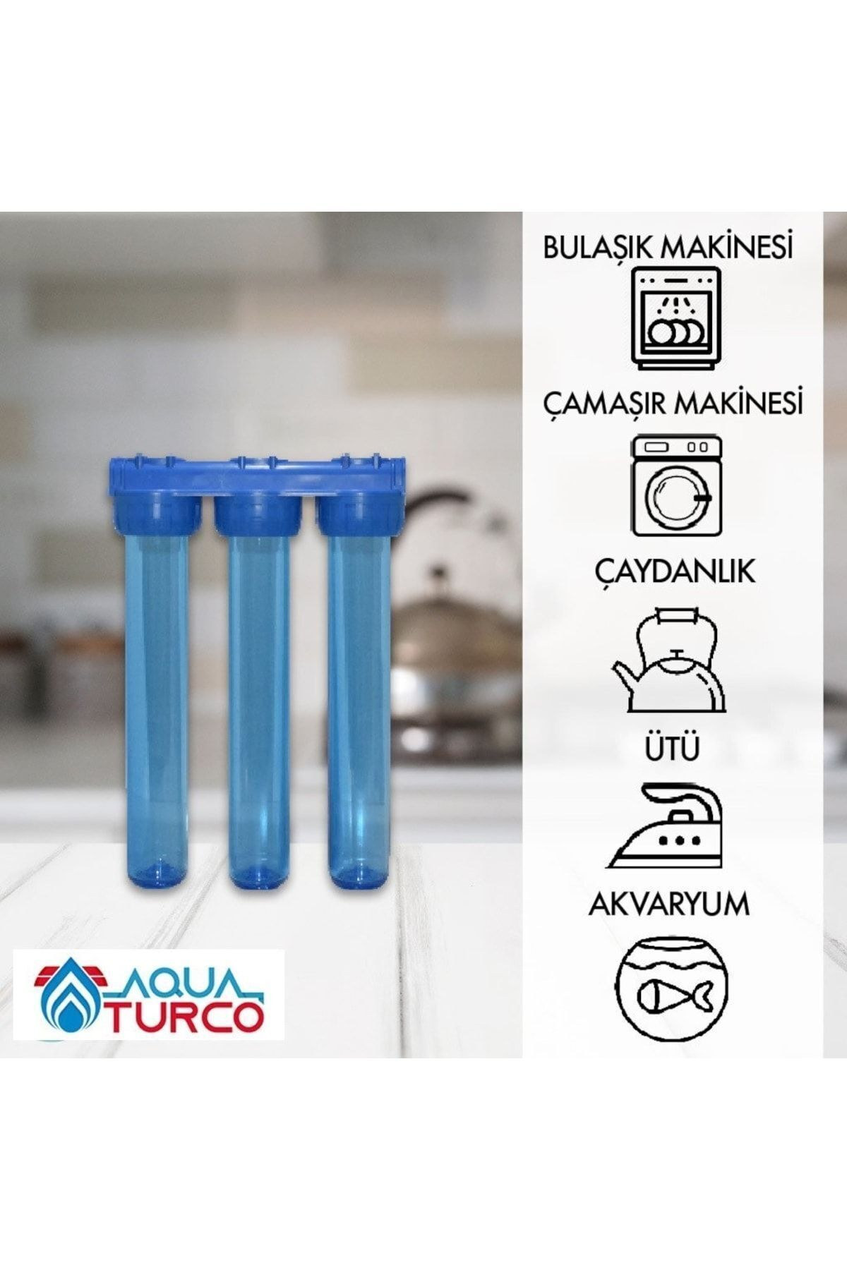 Üç mavi şeffaf kartuşlu Aqua Turco su arıtma sistemi ve sağda ev aletleri simgeleri.