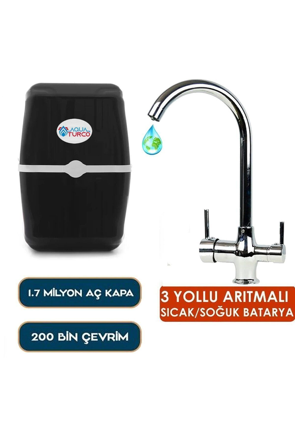 Siyah su tankı, su damlalı krom musluk ve yazılı etiketler.