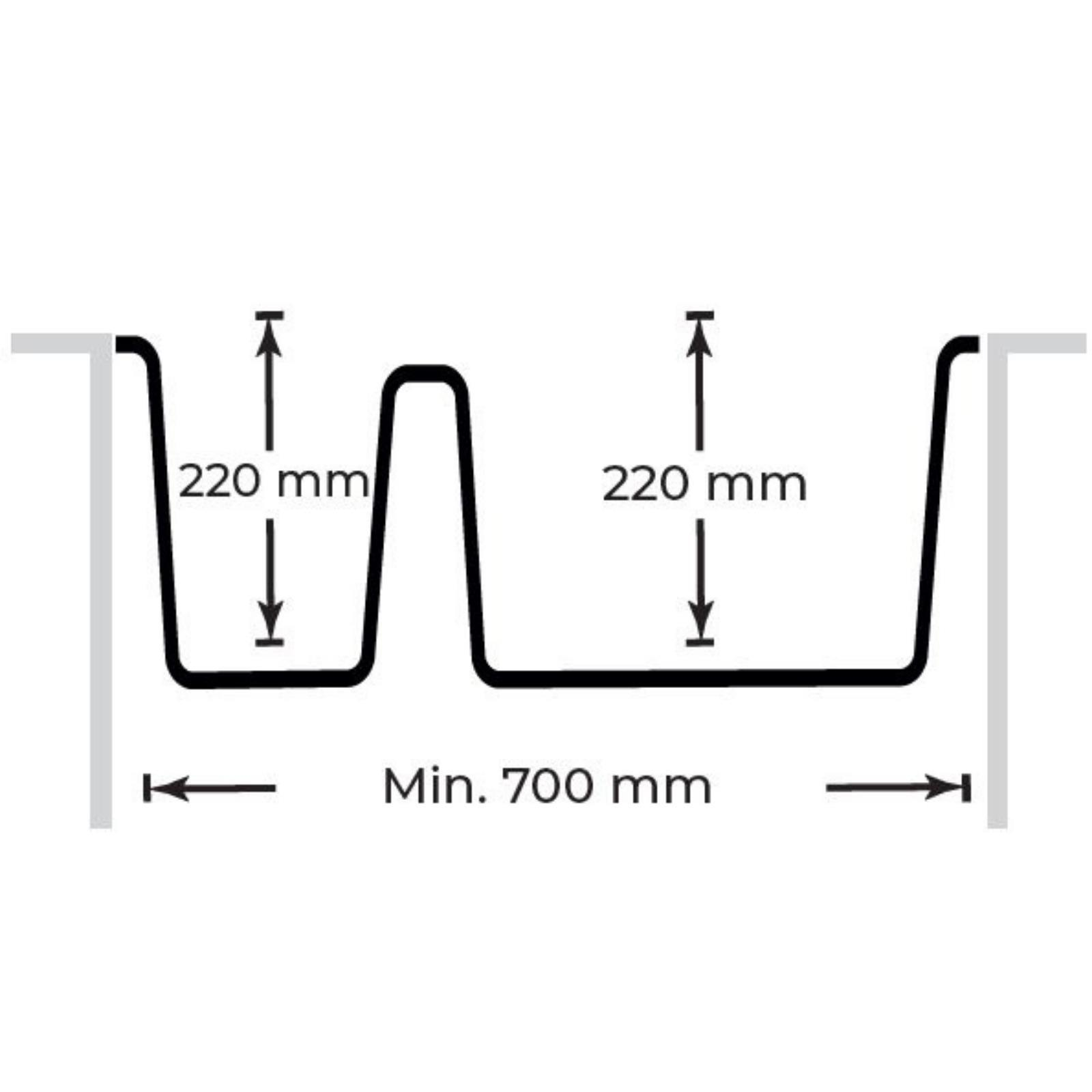 220 mm derinlik ve minimum 700 mm genişlik ölçülerini gösteren çift profilli teknik çizim.