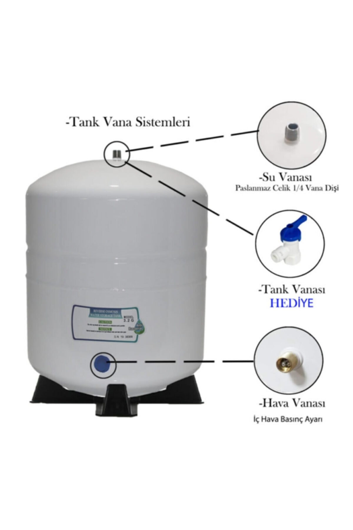Su vanası, tank vanası ve hava vanasının detaylı görünümleriyle beyaz su tankı şeması.