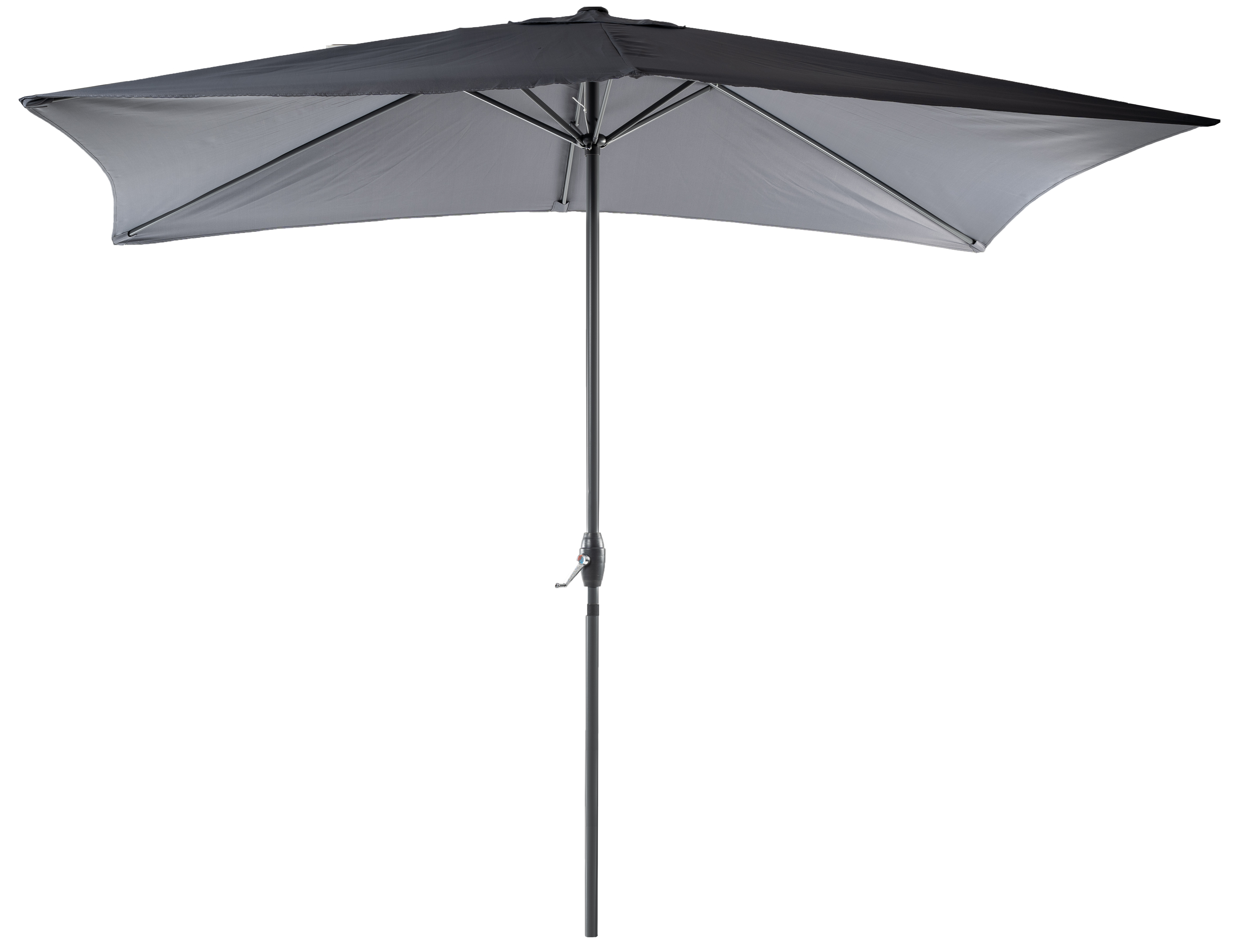 Czarny, prostokątny parasol ogrodowy z metalowym słupkiem i korbką na białym tle.