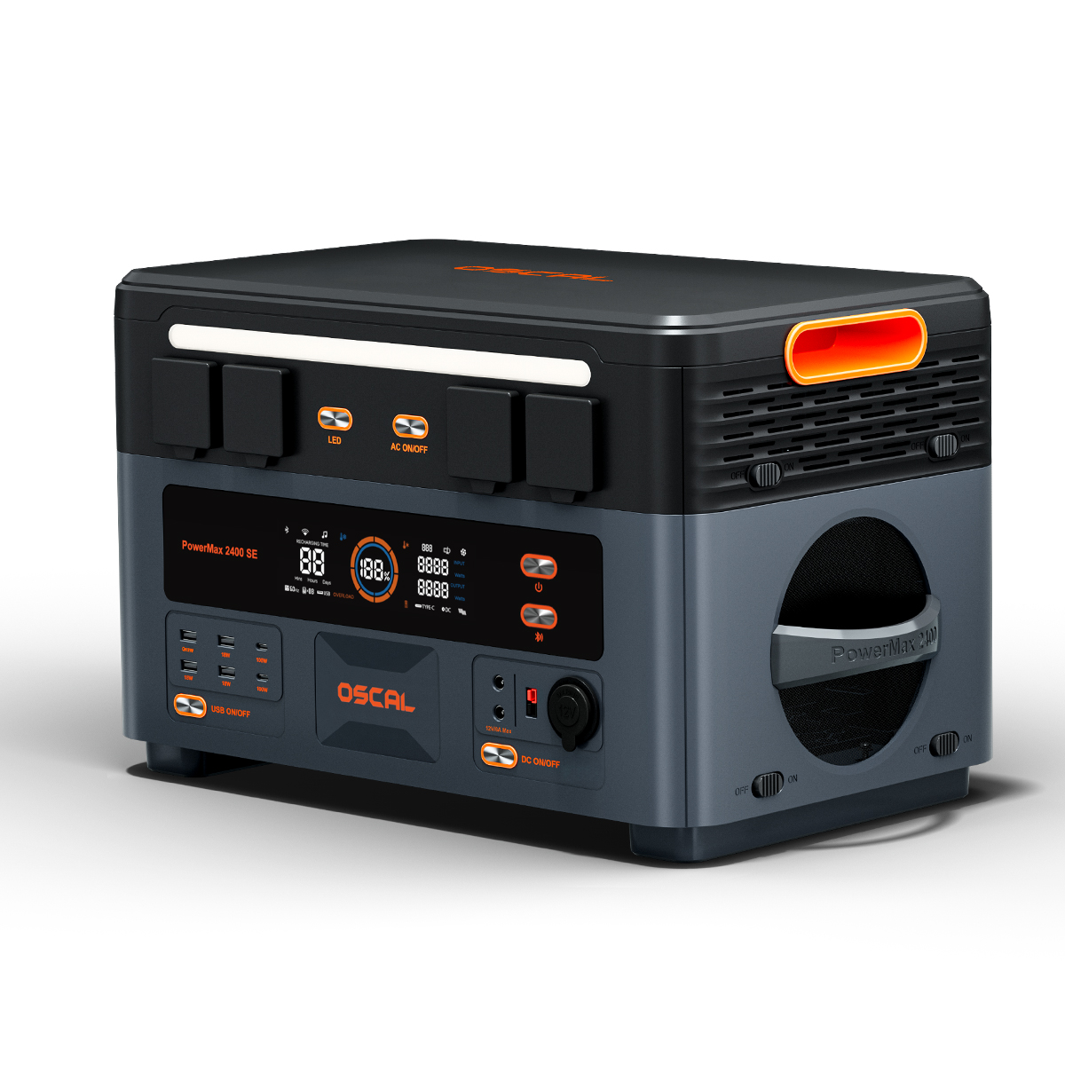A gray and black Oscal PowerMax 2400 SE power station featuring a digital display, outlets, and an LED light strip.