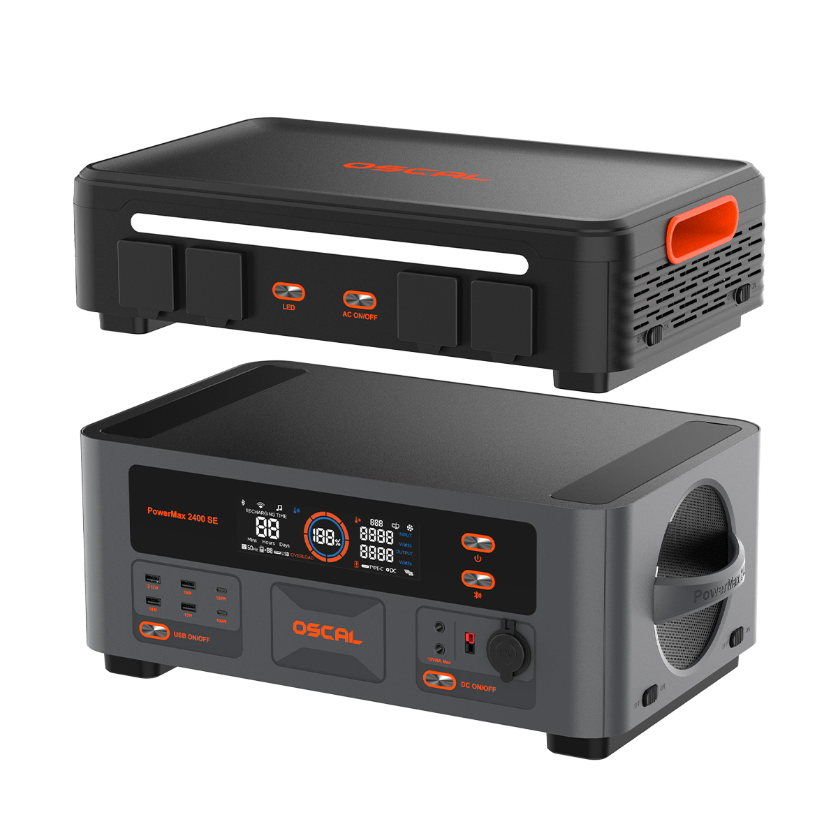 Two gray Oscal PowerMax 2400 SE power stations showing displays, ports, and LED lights against a white background.