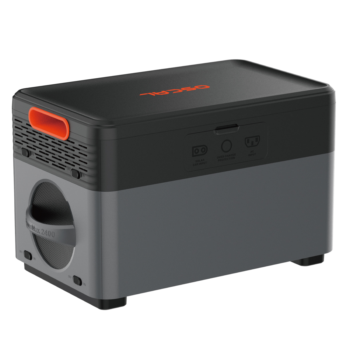 A black and grey power station with orange accents and ports on a white surface.