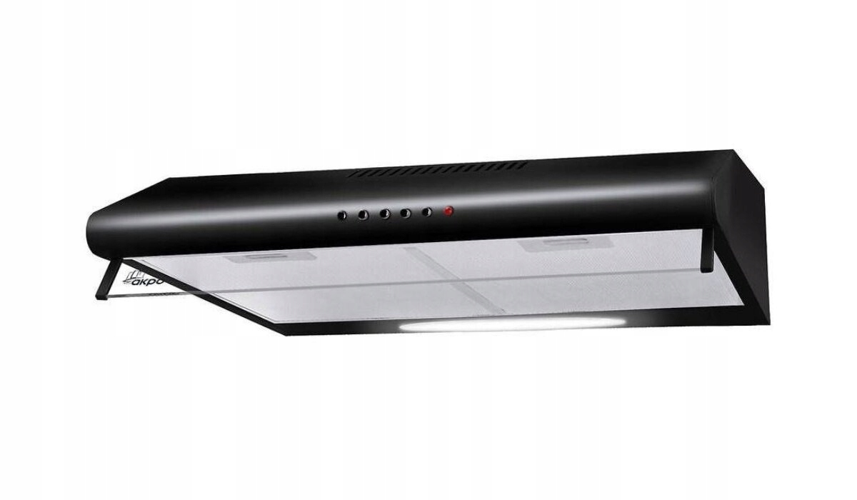 Czarny okap podszafkowy z filtrem metalowym i oświetleniem LED.