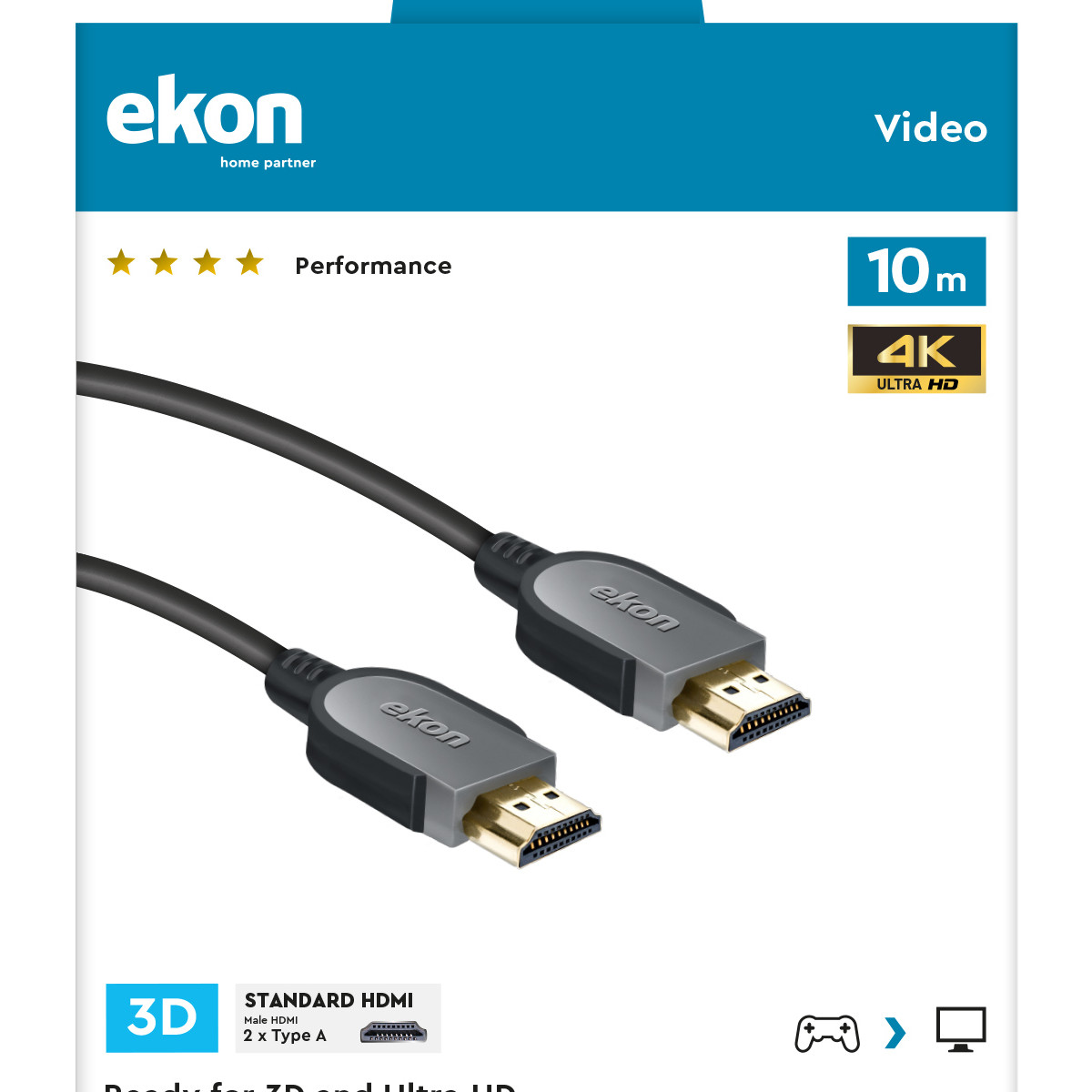 Cable HDMI Ekon 10m 4K Ultra HD con conectores dorados y soporte 3D.