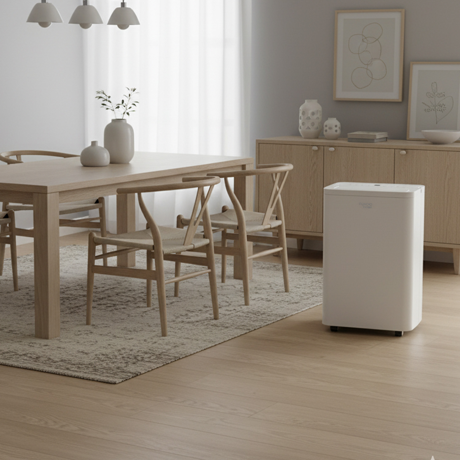 Un deshumidificador blanco se encuentra en un comedor luminoso y moderno con mesa y sillas de madera.