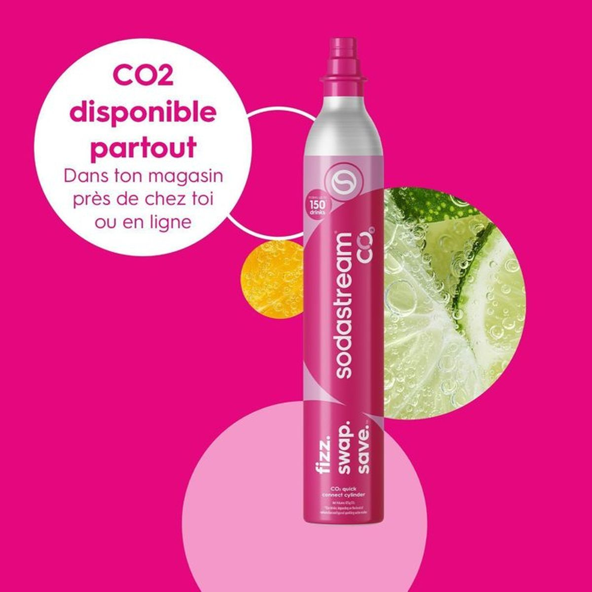 Ein rosa Sodastream CO2-Zylinder auf rosa Hintergrund mit Werbetext und Zitrusbildern.