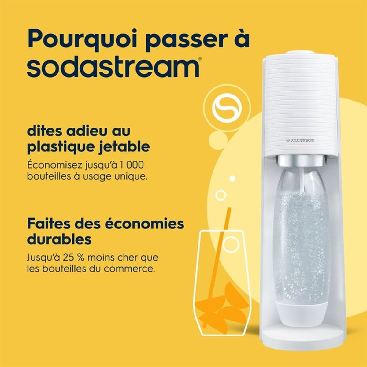 Weißer SodaStream-Bereiter und Glas auf gelbem Hintergrund mit französischem Text für umweltfreundliche Flaschen.