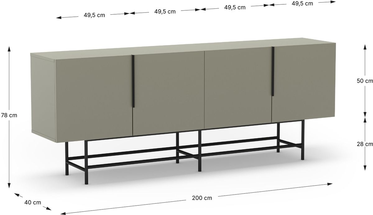 Graues Sideboard auf schwarzem Metallgestell mit Maßangaben.
