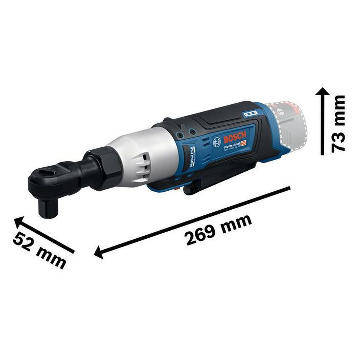 Eine Bosch Akku-Ratsche mit den Maßen 269 mm Länge, 52 mm Breite und 73 mm Höhe.