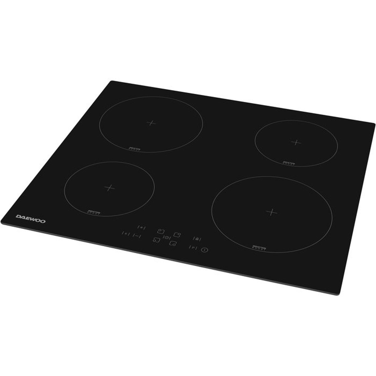 Placa de inducción Daewoo negra con cuatro zonas de cocción circulares y panel táctil.