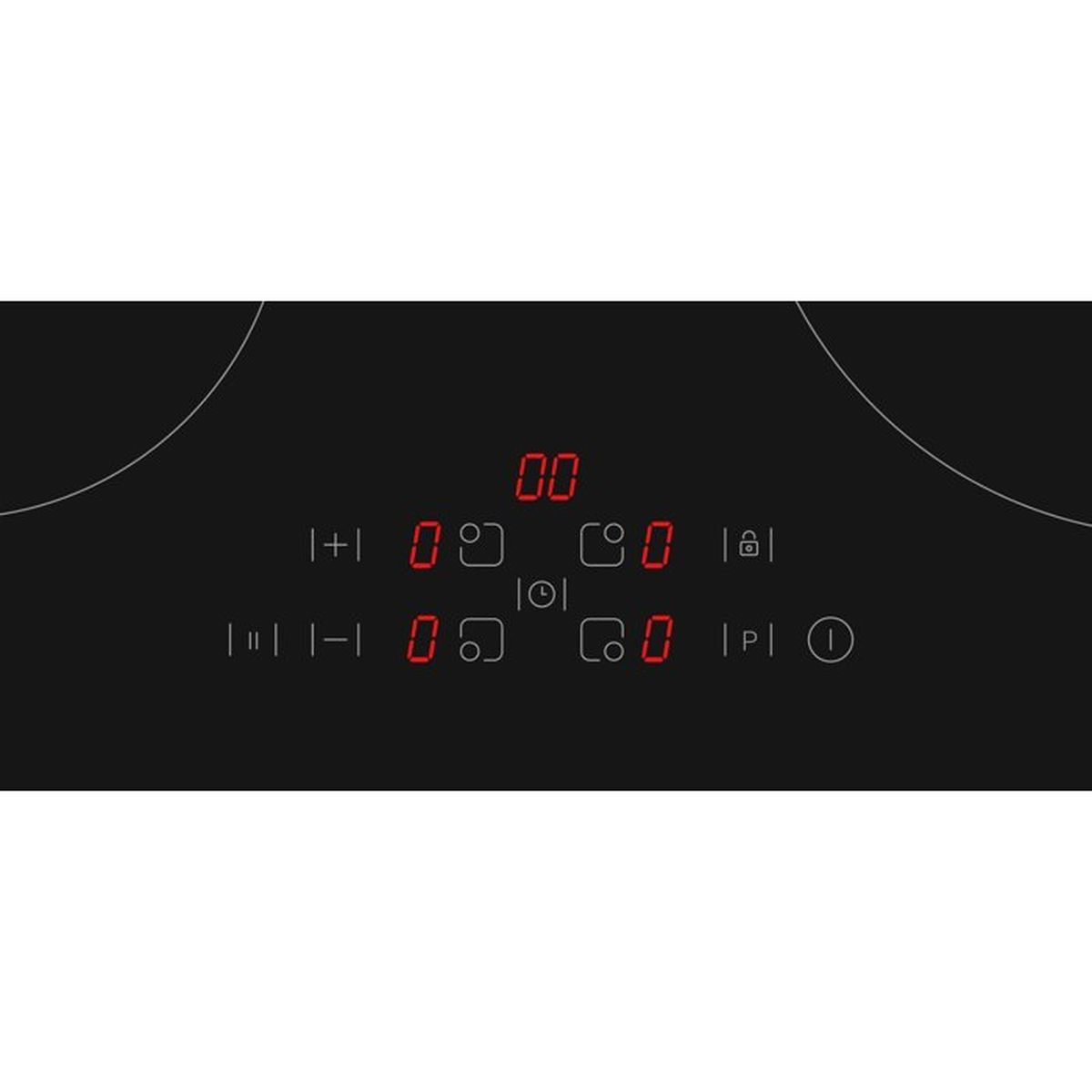 Una encimera de inducción negra con pantalla digital LED roja y paneles táctiles.