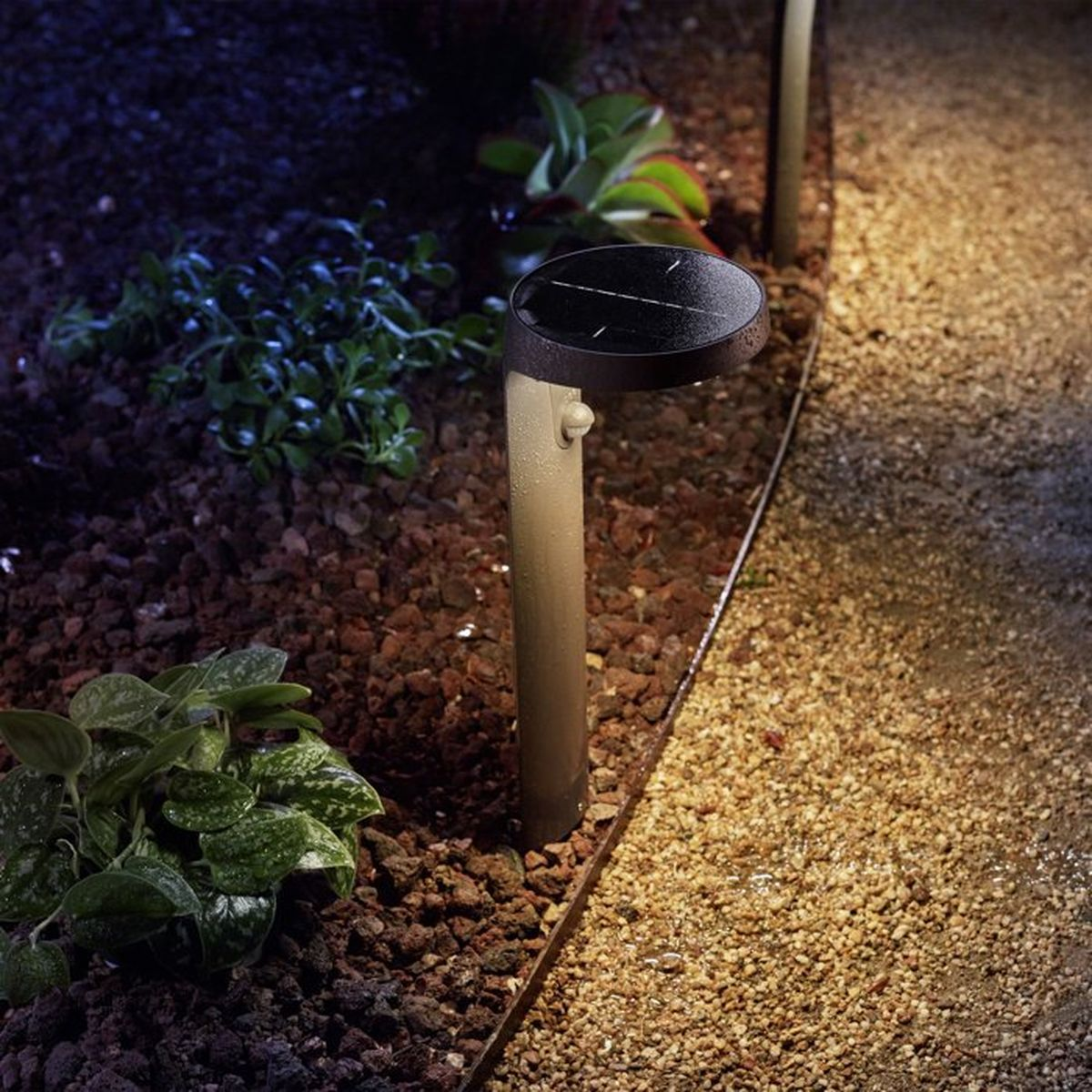 Una piccola lampada solare da giardino illumina un sentiero di ghiaia di notte.