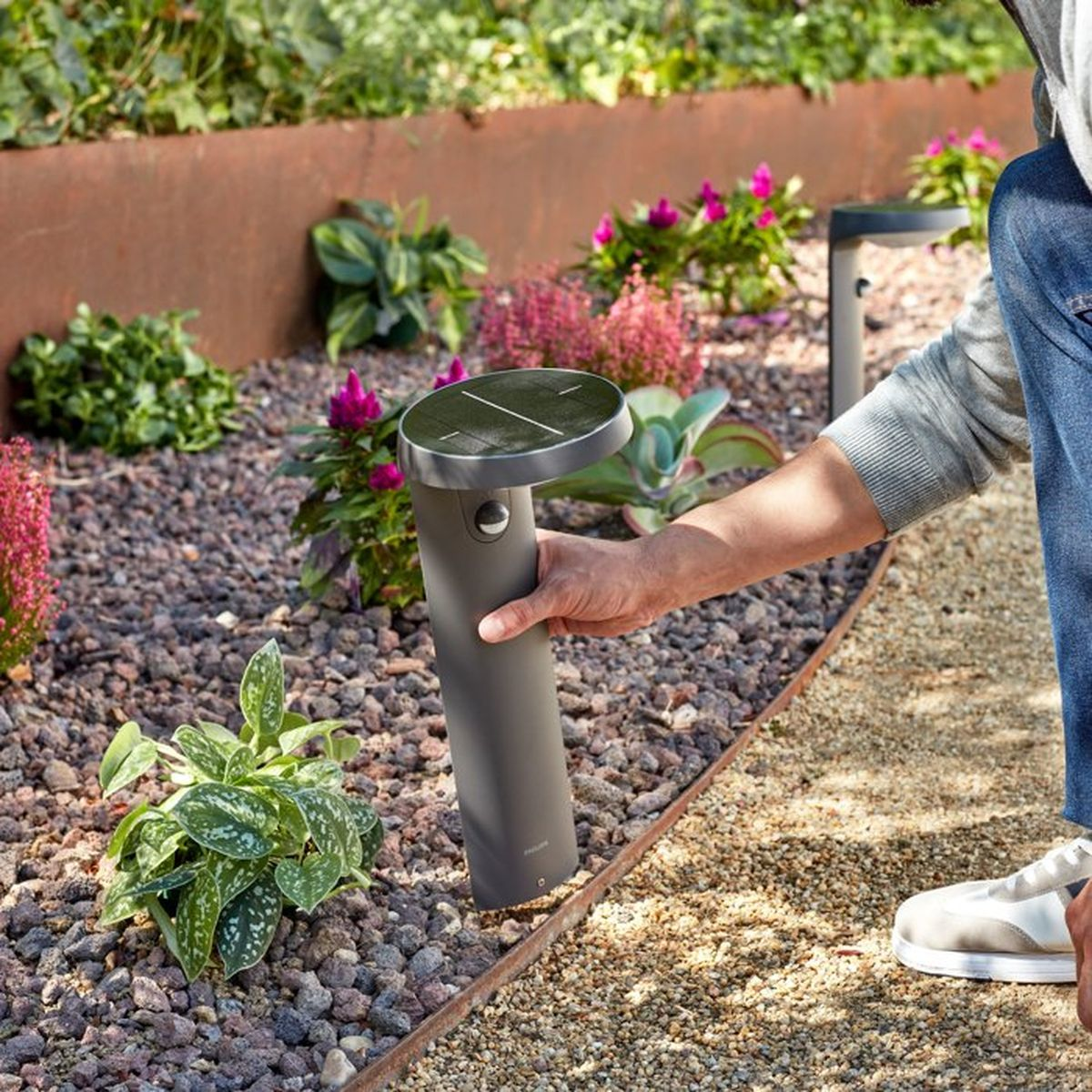 Una persona posiziona una lampada solare grigia in un'aiuola da giardino con ghiaia grigia e fiori rosa.