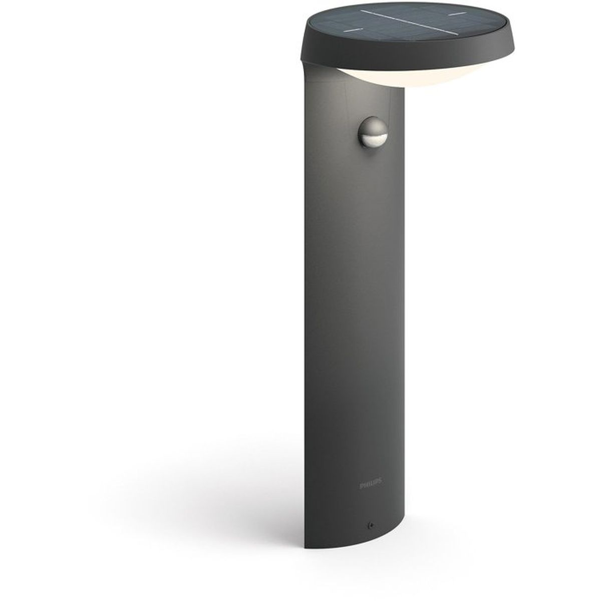Moderna lampada solare grigia da esterno con sensore di movimento e logo Philips su sfondo bianco.