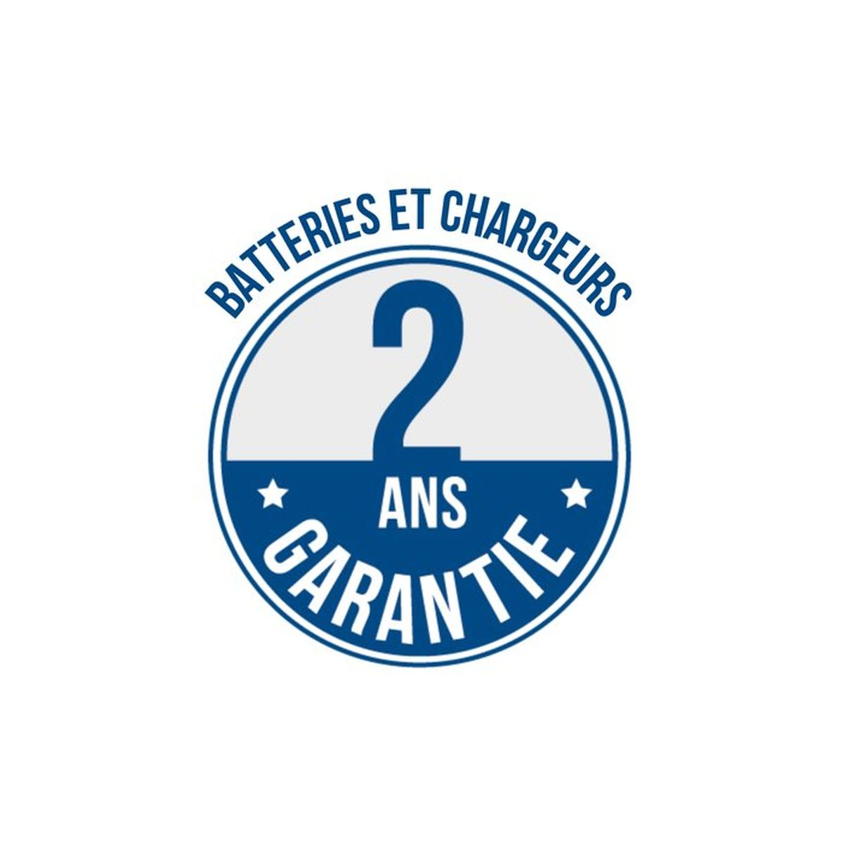 Un logo di garanzia blu e bianco con il testo "BATTERIES ET CHARGEURS" e "2 ANS GARANTIE".