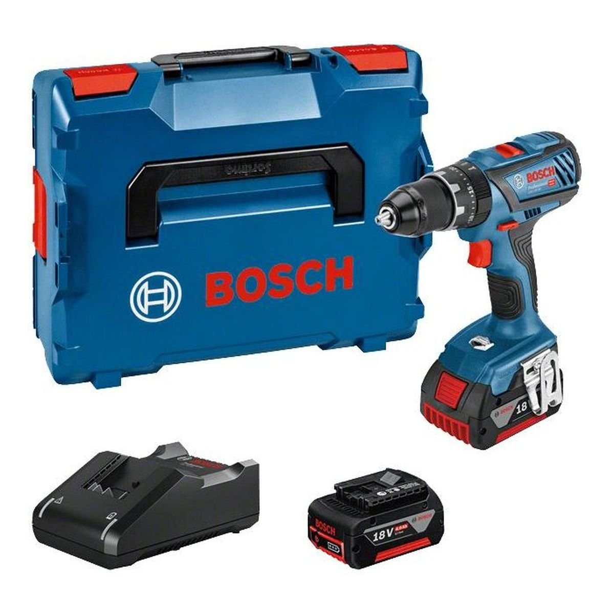 Ein blauer Bosch Akkuschrauber mit Akku, Ladegerät und einem blauen Werkzeugkoffer.