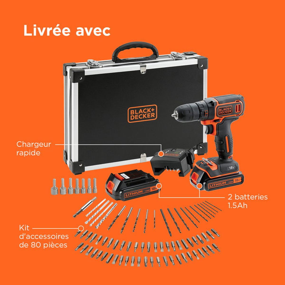 Czarno-pomarańczowa wiertarka Black+Decker z walizką, ładowarką, dwoma akumulatorami i zestawem akcesoriów na pomarańczowym tle.