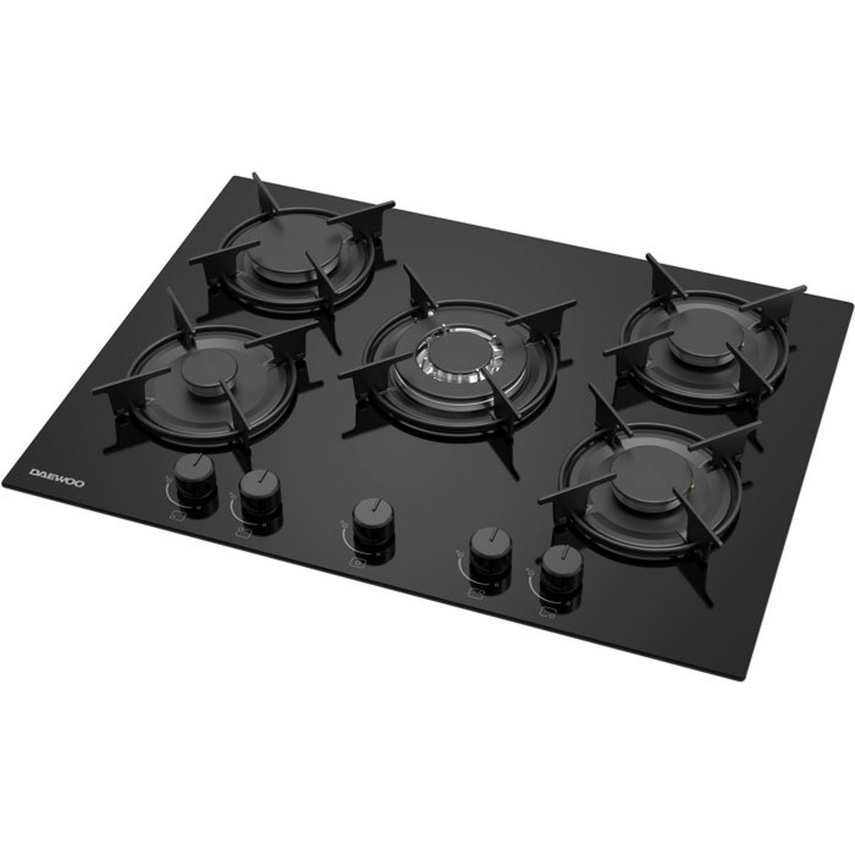 Ein schwarzes Daewoo Gaskochfeld mit fünf Brennern und Drehknöpfen auf einer glänzenden Glasoberfläche.