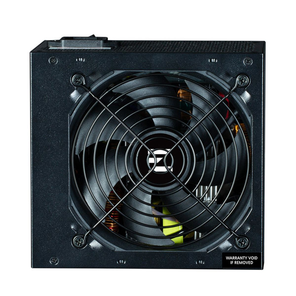 Fuente de alimentación para PC negra con ventilador grande, rejilla y pegatina de garantía.