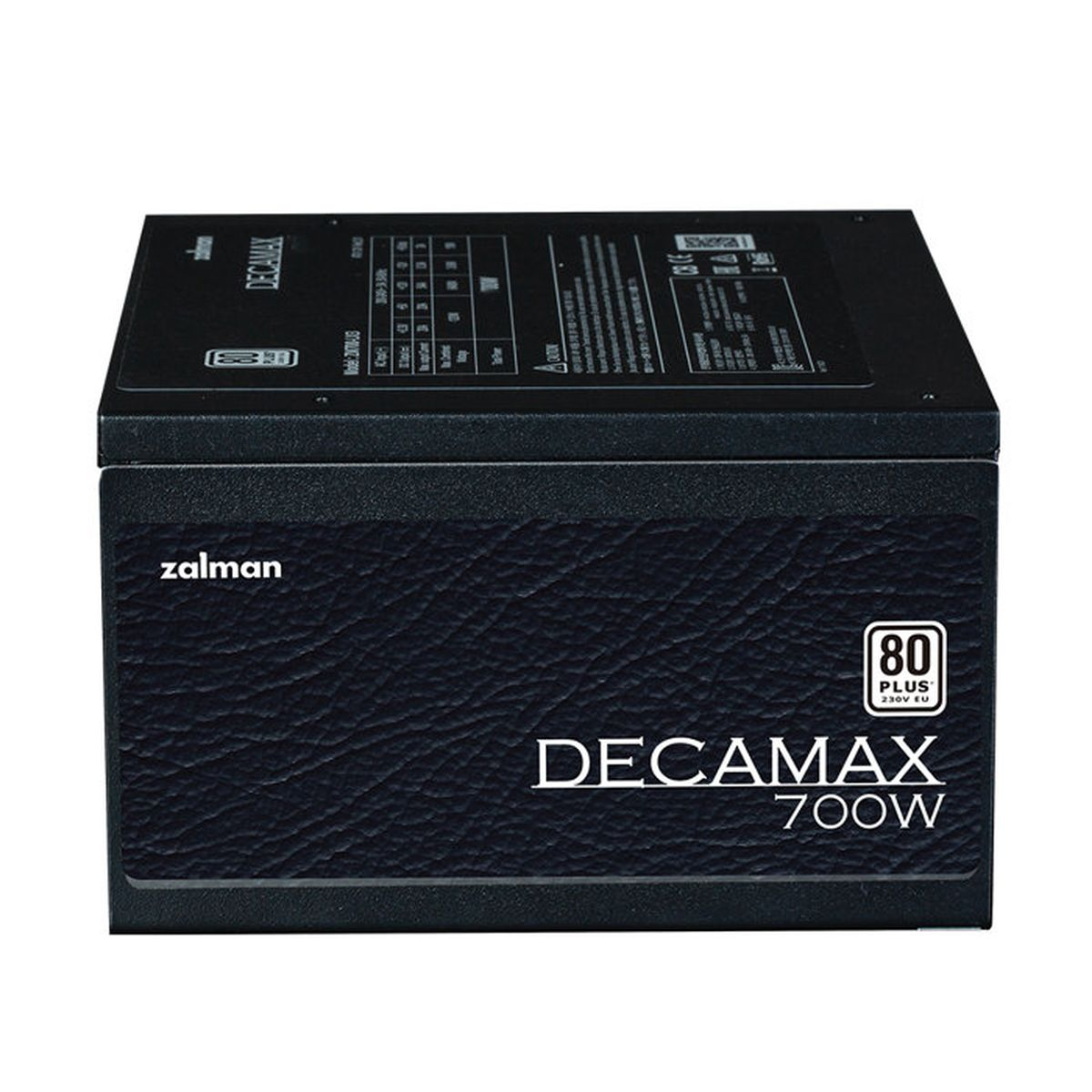 Una fuente de alimentación para ordenador Zalman Decamax 700W negra con texto sobre fondo blanco.