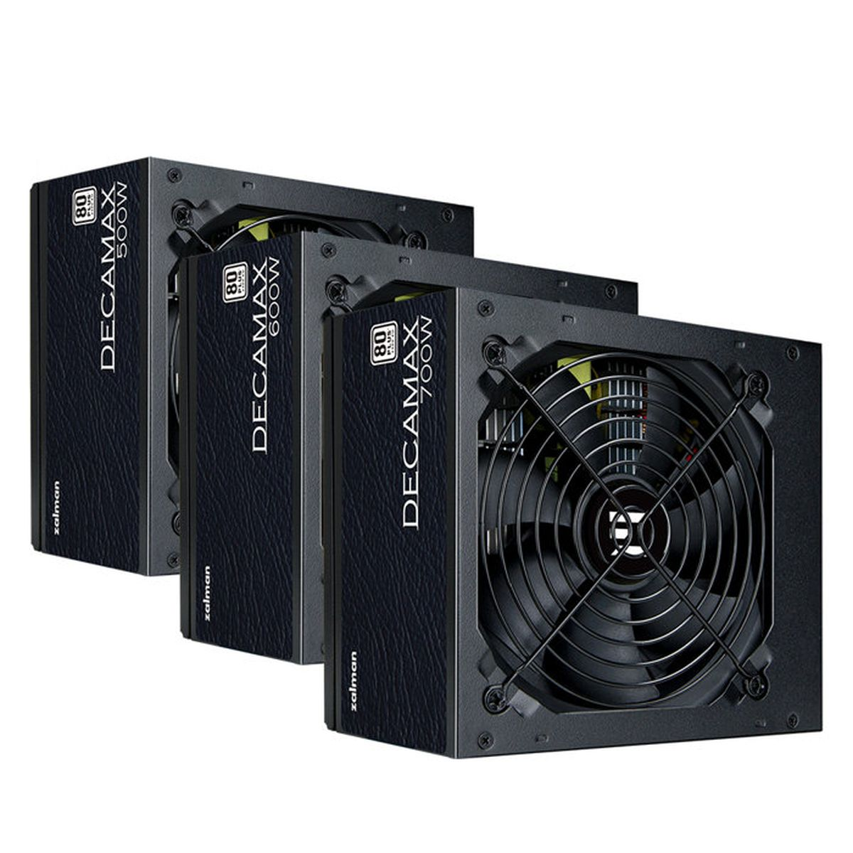 Tres fuentes de alimentación Zalman Decamax negras de 500W, 600W y 700W sobre fondo blanco.