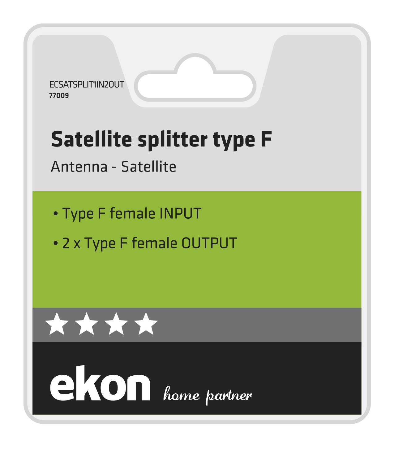 Embalaje para un divisor de satélite tipo F de Ekon con detalles del producto y cuatro estrellas.