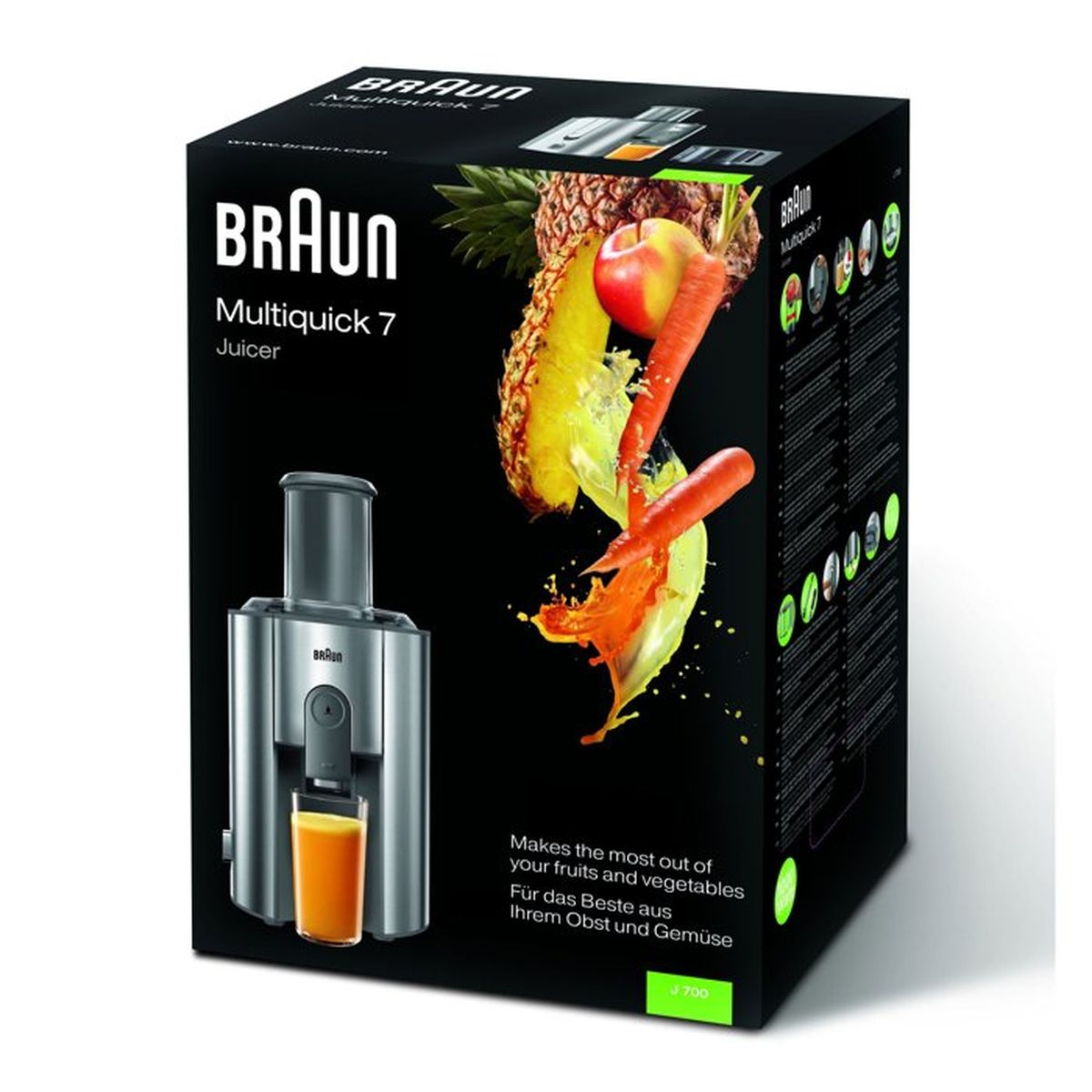 Produktverpackung eines grauen Braun Multiquick 7 Entsafters mit frischem Obst und Saftspritzern.