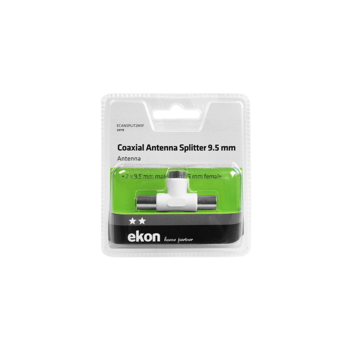 Sdoppiatore d'antenna coassiale in confezione di plastica sigillata con raccordo a T bianco.